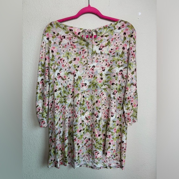 J. Jill 100% Linen Romantic Floral 3/4 Sleeve Tie Back Tunic Length Blouse XS - Picture 3 of 9